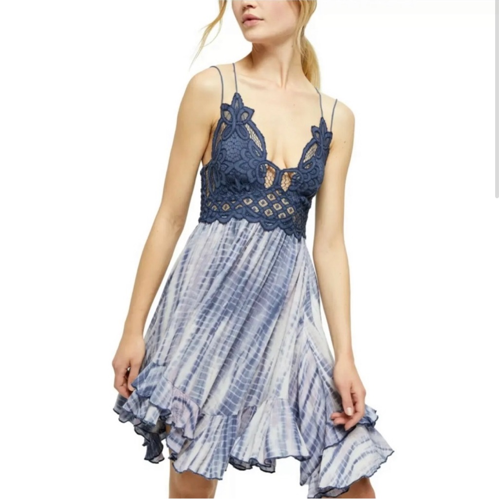 Free People One Adella Slip Dress Blue Tie-Dye Lace Size Xs